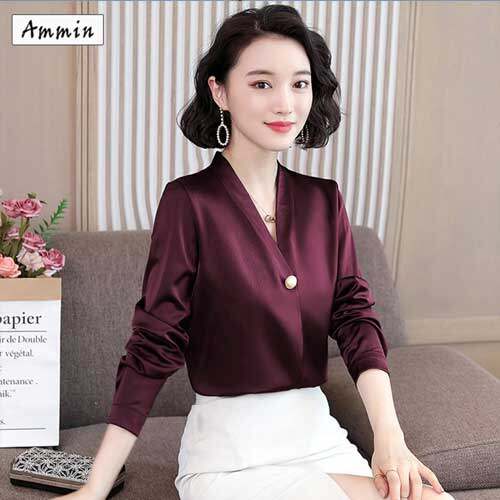 AMMIN Cổ Chữ V Thanh Lịch Và Thời Trang Mới 2020 Áo Sơ Mi OL Lụa Dâu Tằm Dài Tay Đính Hạt Áo Sơ Mi Nữ Màu Trơn Dáng Rộng Chuyên Nghiệp Áo Nữ