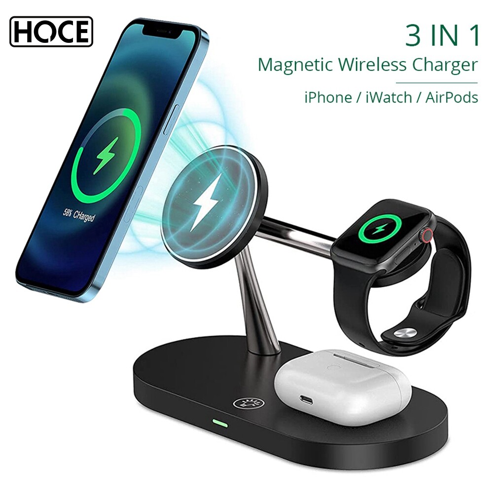 HOCE Bộ Sạc Không Dây Từ Tính 3 Trong 1 Trạm Sạc Nhanh 15W Cho Magsafe iPhone 12 13 14 Pro Max 14 Plus Bộ Sạc Cho Airpods Pro 2 Apple Watch 8 7 Airpods
