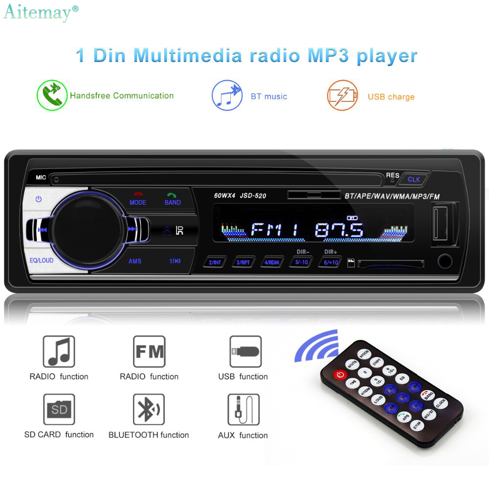 Aitemay Đài Phát Thanh Ô Tô Bluetooth 1 Din Đài Phát Thanh Stereo Xe Hơi Bộ Thu Đầu Vào FM Aux USB JSD-520 12V Trong Bảng Điều Khiển Máy Phát Đa Phương Tiện MP3 Cho Xe Hơi