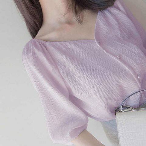 Áo sơ mi phong cách phương tây cổ vuông áo tay phồng eo áo sơ mi nữ ngắn tay