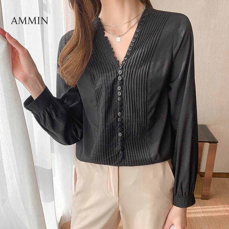 Ammin áo kiểu xếp ly cổ chữ v tay dài thanh lịch màu trắng phong cách đàn organ mới mùa thu 2023 hàn quốc áo cardian có nút tay áo phồng xếp ly áo voan