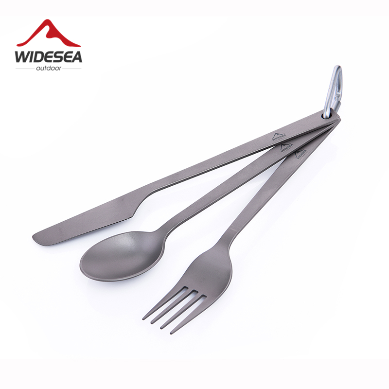 Widesea Titanium Spoon Fork 3 Piece Set 50G Camping Tableware Ultralight Travel Tourist Outdoor Cookware Gear Equipment Carabiner