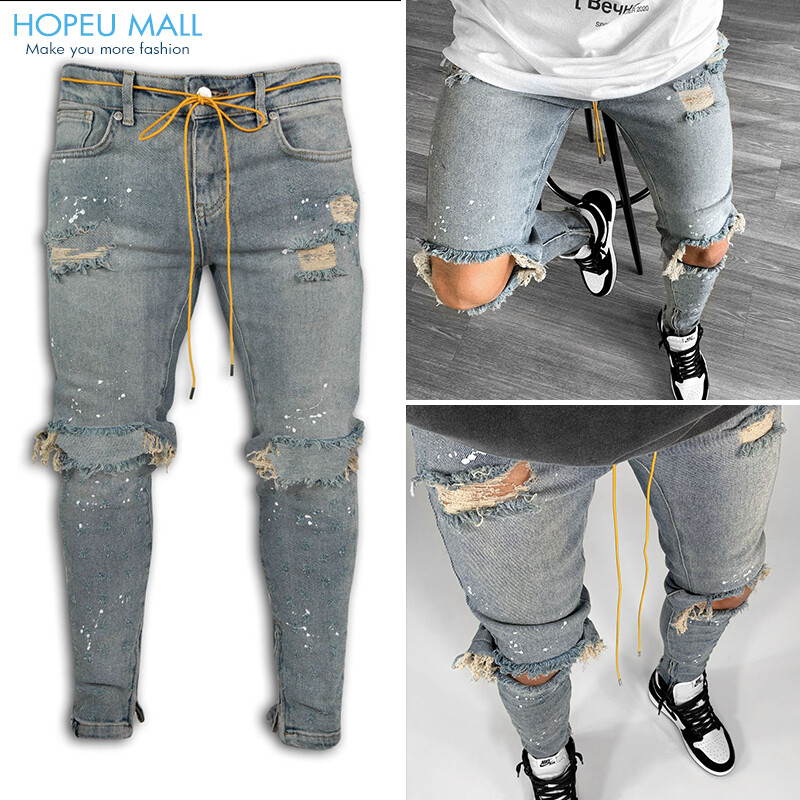 Hopeu Quần jean rách skinny cho Quần dài nam người đàn ông trang trí chấm bi lượn sóng ôm vừa Skinny Jeans Thời trang co giãn đau khổ lỗ lớn dài jins quần sờn đàn hồi Biker Jogger Quần Denim cho nam thường ngày jean