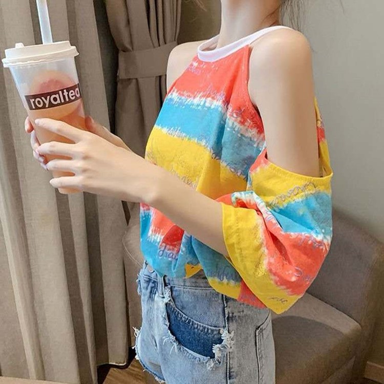 Áo thun nữ dáng rộng thường ngày áo thun mỏng kẻ sọc cầu vồng lệch vai thiết kế áo thun nữ bán chạy