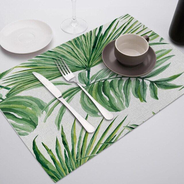 ลายใบไม้เขียว Placemats สำหรับโต๊ะทานอาหารเสื่อใบ Photo แผ่นรองแก้วตกแต่งบ้านร้านอาหารบนโต๊ะอาหารผ้าเช็ดปาก