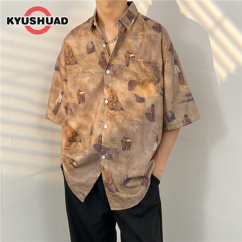 Kyushuad áo sơ mi ngắn tay in họa tiết áo sơ mi nam áo sơ mi hawaii cho nam