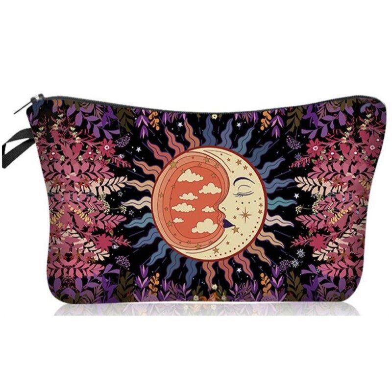 Women Cosmetics Bag With Zipper Organizer Coin Purse Makeup Bags Lipstick Storage Moon Sun Black Butterfly