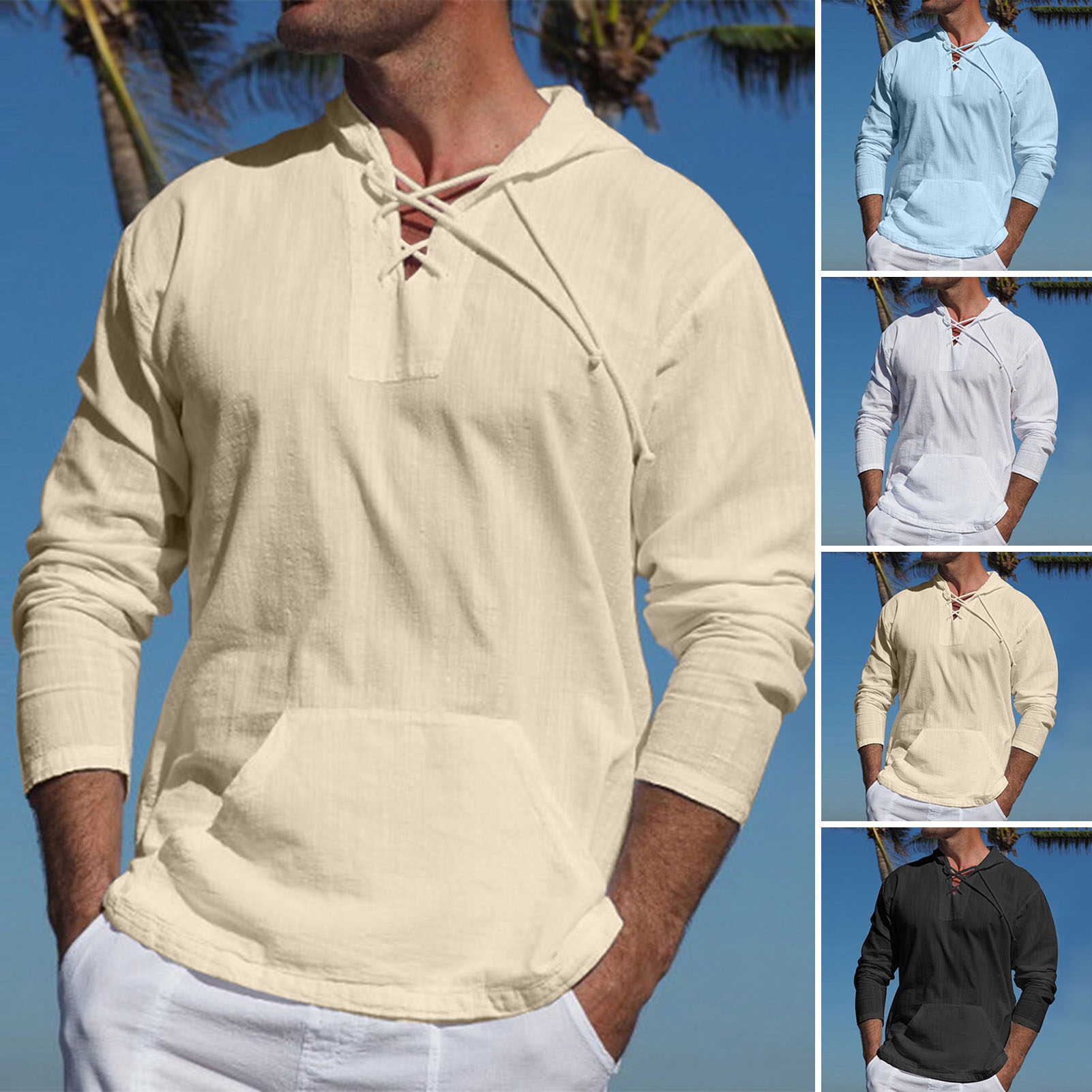 Yitu Người Đàn Ông Hoodie có mũ màu trơn Với Hat Thoáng Khí Chuỗi Dài Tay Áo Ren up Áo Thun Trọng Lượng Nhẹ Người Đàn Ông Tops Quần áo nam giới Phong Cách Áo sơ mi mùa thu