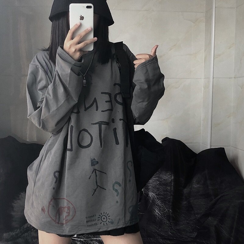 Sơ Mi Nữ Đầu Thu Hàn Quốc Áo Thun Tay Áo Dài Graffiti