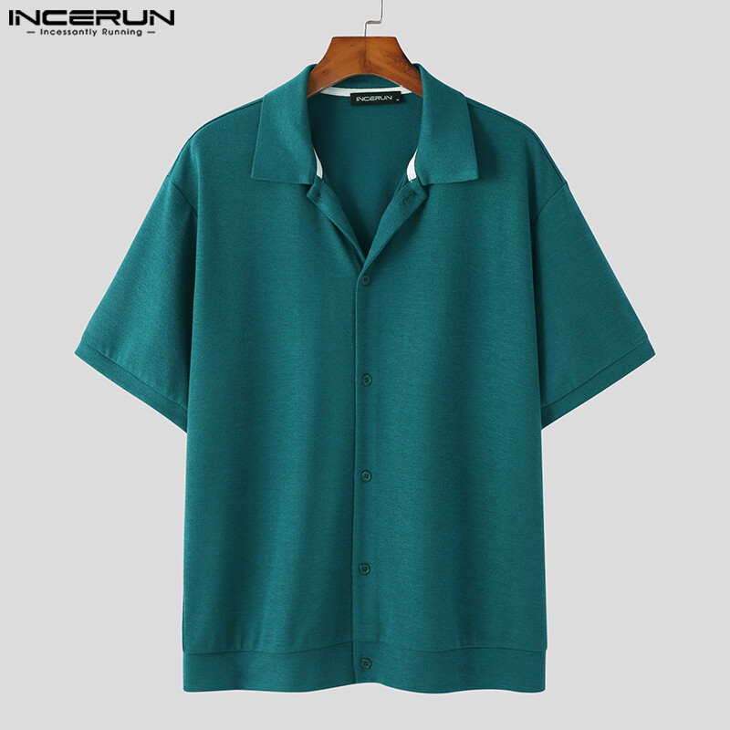 Medussa incerun áo sơ mi tay ngắn màu trơn retro cổ điển cho nam áo cổ chữ v thoải mái