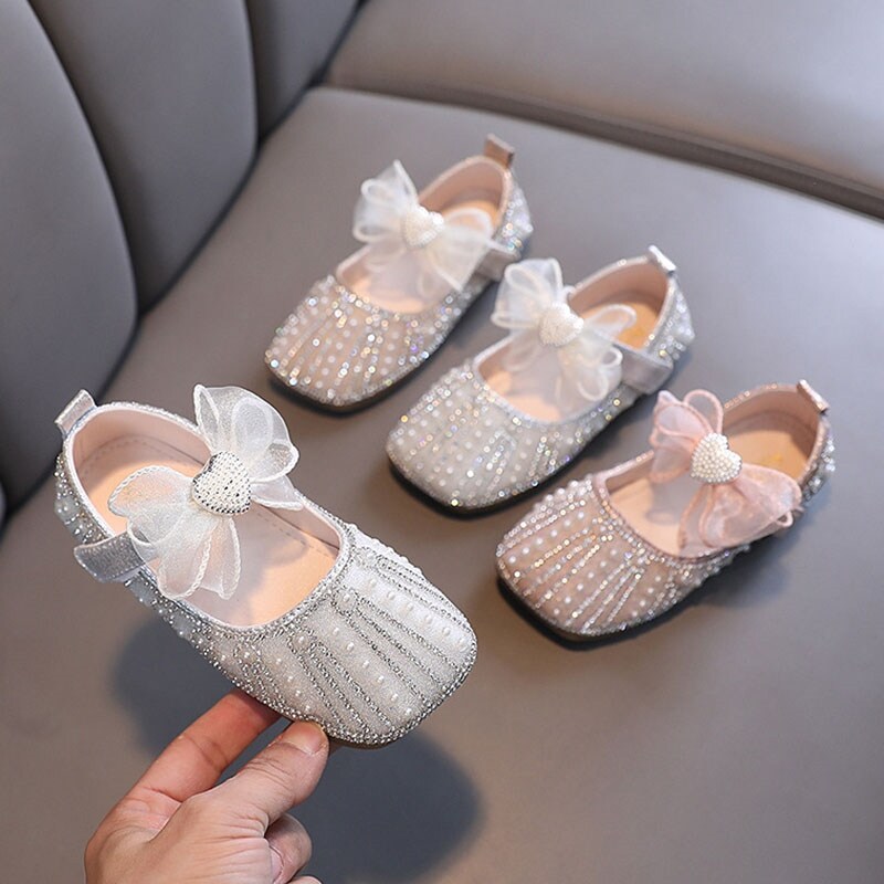 【Fire】2023 Hot New Baby Girls Dress Shoes Pearls Bow Mary Jane Square Toe Ballet Flats Party Dance Student Bridal Wedding 154A