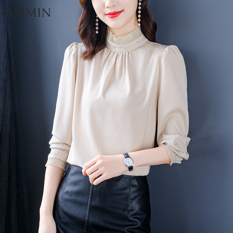 AMMIN Áo Sơ Mi Dài Tay Vải Sa Tanh Đính Cườm Màu Trơn Đơn Giản Thời Trang Đối Với Phụ Nữ Áo Cánh Thêu Phong Cách Thời Trang Mới Áo