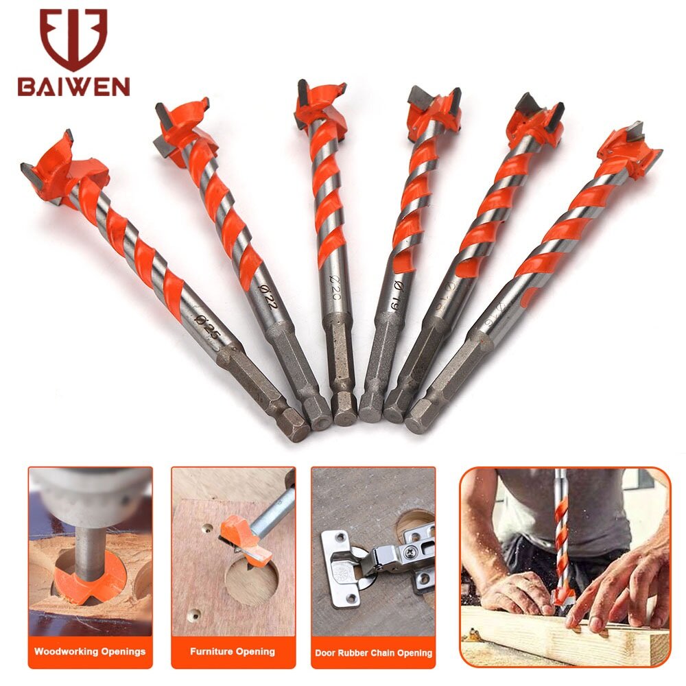 Bai wen mũi khoan gỗ mũi khoan gỗ tự định tâm lỗ cưa gỗ dụng cụ mở lỗ 16mm/18mm/19mm/20mm/22mm/25mm mũi khoan gỗ mũi khoan bản lề lưỡi cưa nhọn dụng cụ cacbua chuôi lục giác