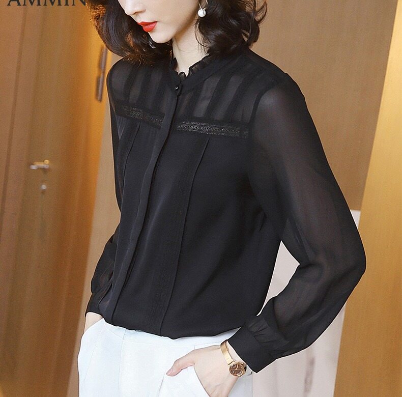 AMMIN Tay Áo Dài Áo Sơ Mi Lụa Cho Nữ Mới Áo Ren Thời Trang Khí Chất Lụa Dâu Tằm Phụ Nữ Hàng Đầu Casual Áo