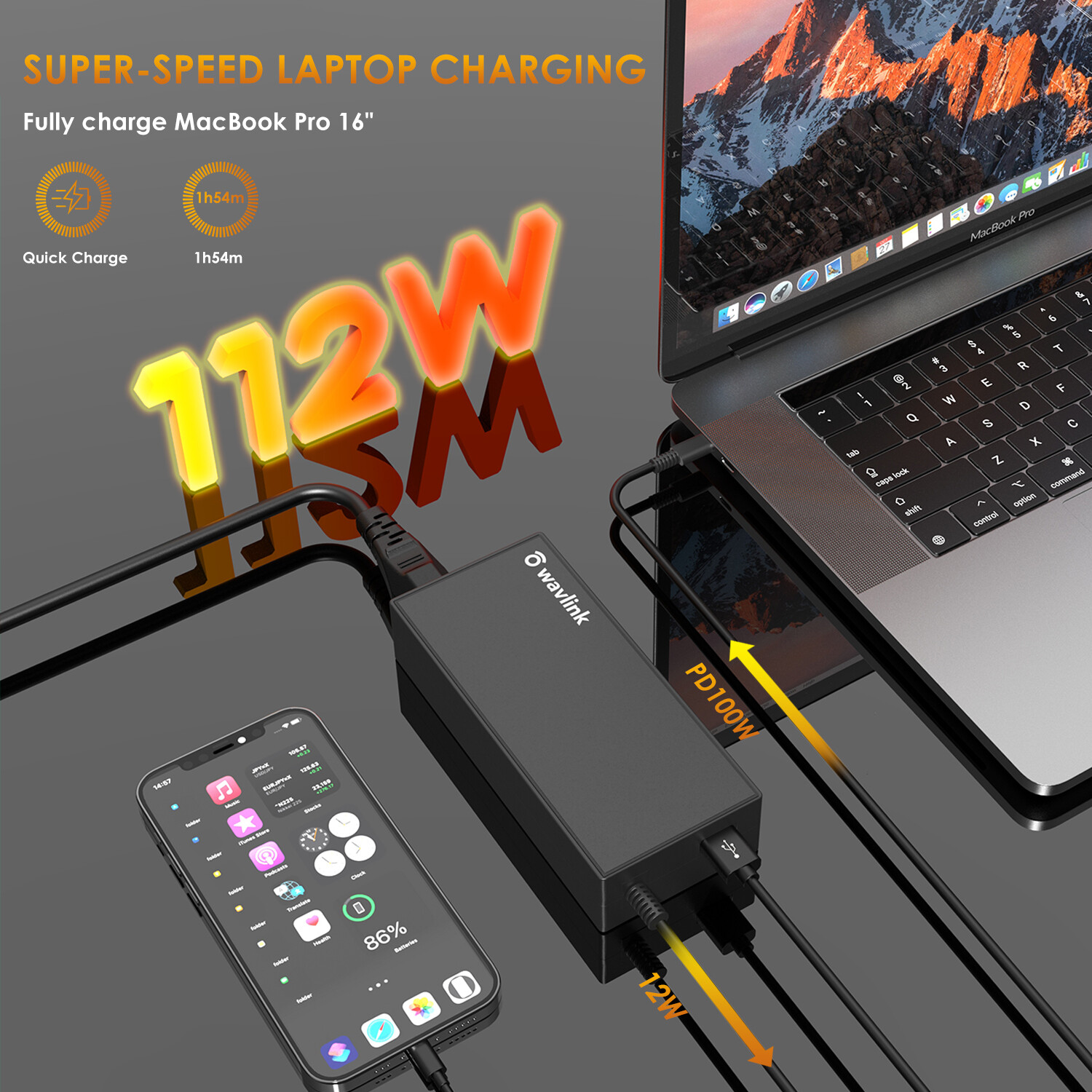 Wavlink bộ sạc thông dụng 112w bộ chuyển đổi máy tính xách tay usb c di động bộ chuyển đổi ac 100w dây nguồn máy tính có đầu ra usb a