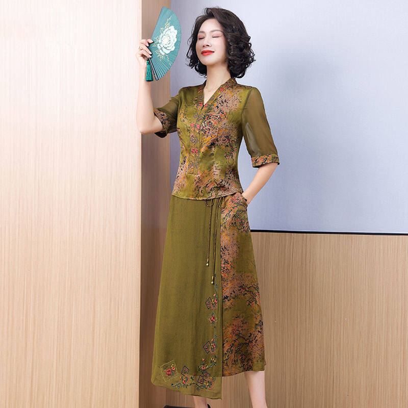 Bộ đồ sợi mây thơm đầm lụa thêu cho nữ đầm hai mảnh lụa dâu tằm retro thời trang cho mẹ cao cấp váy hè mới đầm hai mảnh