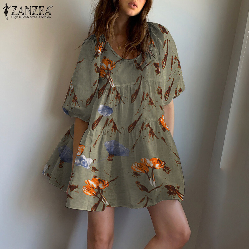 ZANZEA Đầm Xòe Tay Phồng Hoa Cho Nữ Đầm Mini Bohemian In Họa Tiết Cổ Điển Hoài Cổ