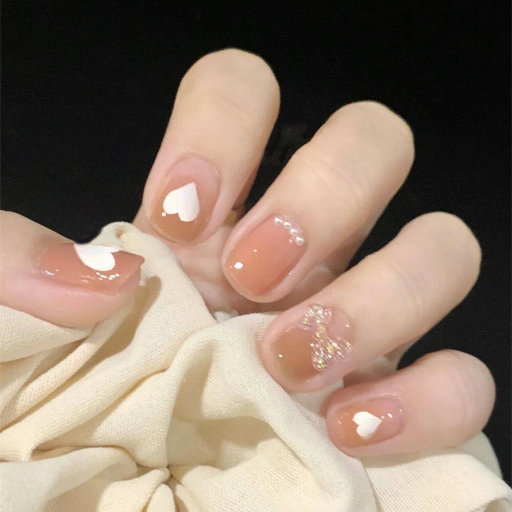 【COD】24Pcs Ngắn Cắt Móng Tay Tình, Mùi Acrylic Bấm Nút Bấm Tay Giả Ngọc Trai Đẹp Nghệ Thuật Móng Tay Decal