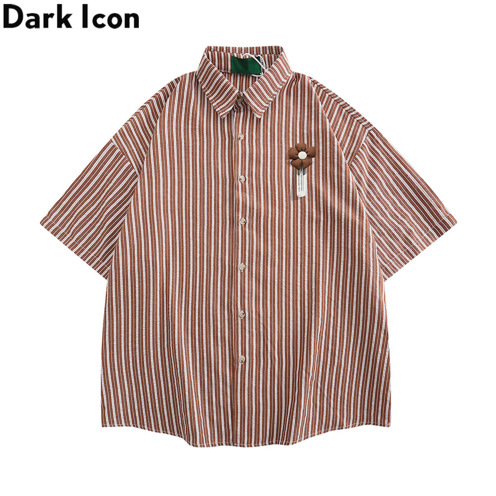 Áo sơ mi sọc ghim hoa biểu tượng tối màu áo sơ mi rộng cài nút mùa hè cho nam áo sơ mi cotton cho nam