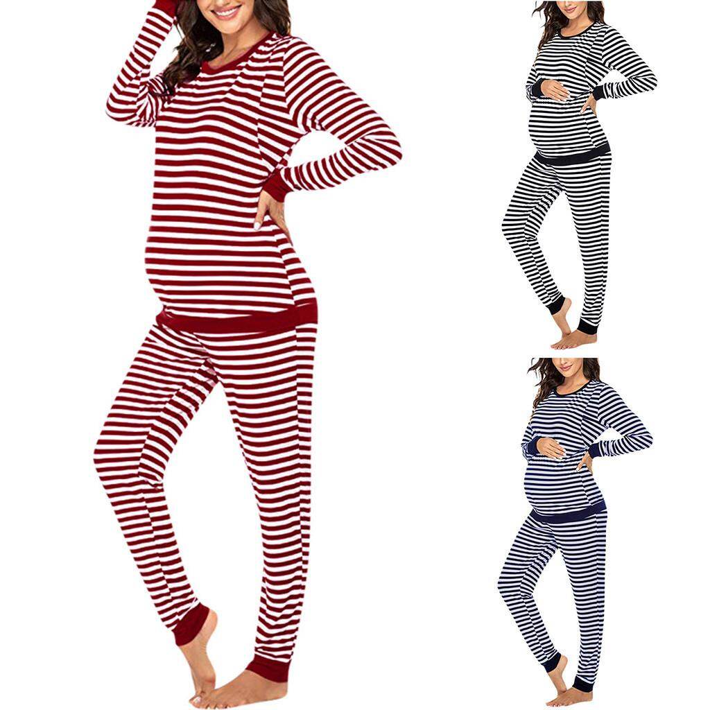 Thai sản Bộ đồ ngủ giáng sinh phù hợp với áo bầu + sọc đặt quần T-Shirt đồ ngủ phụ nữ Tay áo dài thai sản Bộ phù hợp với