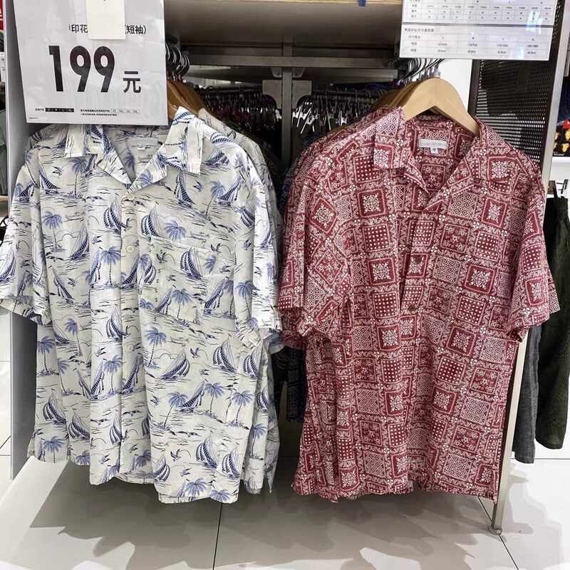 ○㍿ UNIQLO Summer Cooperation Printed Open Collar Shirt Loose Men And Women Couple Tops 444646/446998