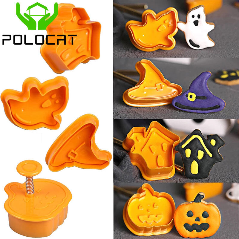 Bộ 4 món polocat halloween cookie khuôn mẫu, 3d cookie khuôn mẫu, tự làm khuôn nướng bánh, dụng cụ cắt bánh quy halloween cho dụng cụ nhà bếp