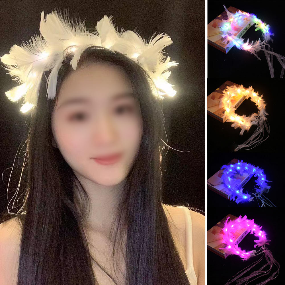 Băng đô vương miện vòng hoa lông vũ led băng đô hào quang thiên thần phát sáng băng đô dạ quang cho nữ tiệc cưới giáng sinh phát sáng