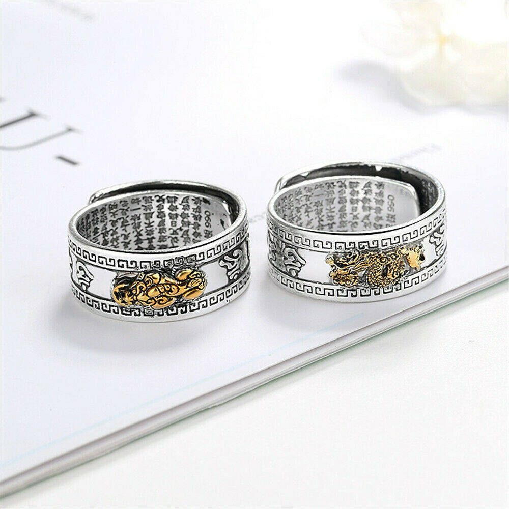 Nhẫn Phong Thủy Giàu Có Bảo Vệ Thần Chú Pixiu Mani Bạc Bộ Quà Tặng, Retro Bạc