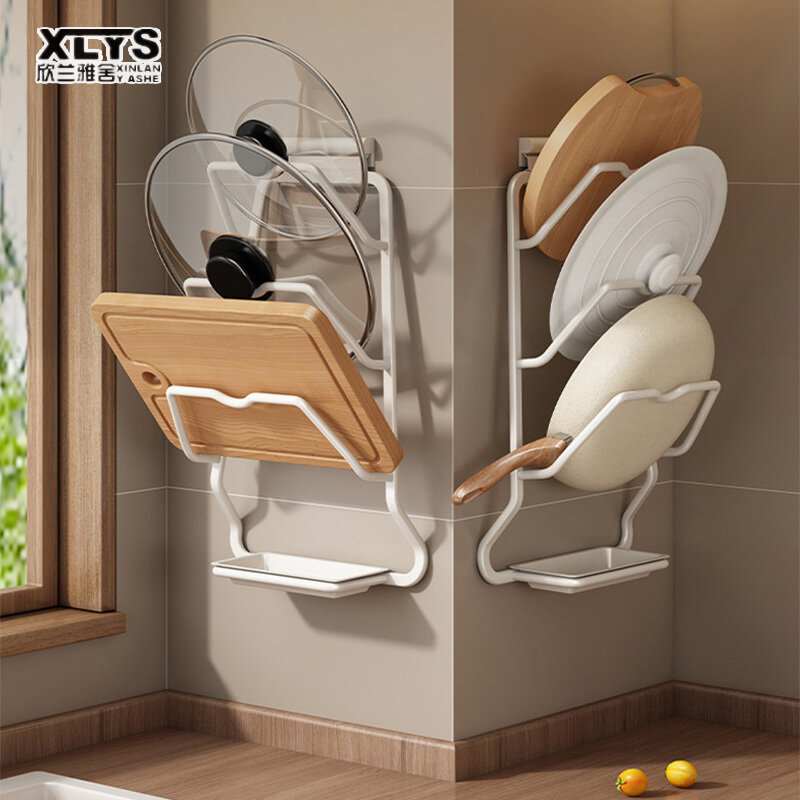 XINLANYASHE Tay cầm nồi trắng gắn tường không đục lỗ giá đỡ bếp lưu trữ gia dụng đa chức năng thớt Giá nhiều lớp