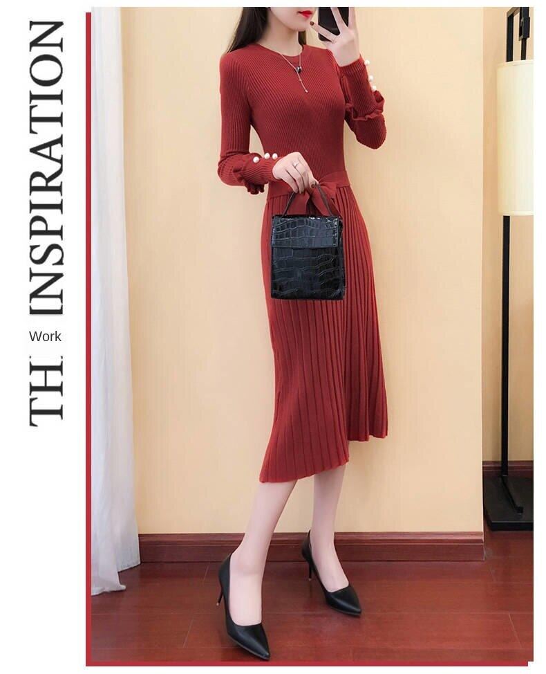 2020 spring new women's long knitted dress long sleeve sweater dress autumn and winter base wool skirt