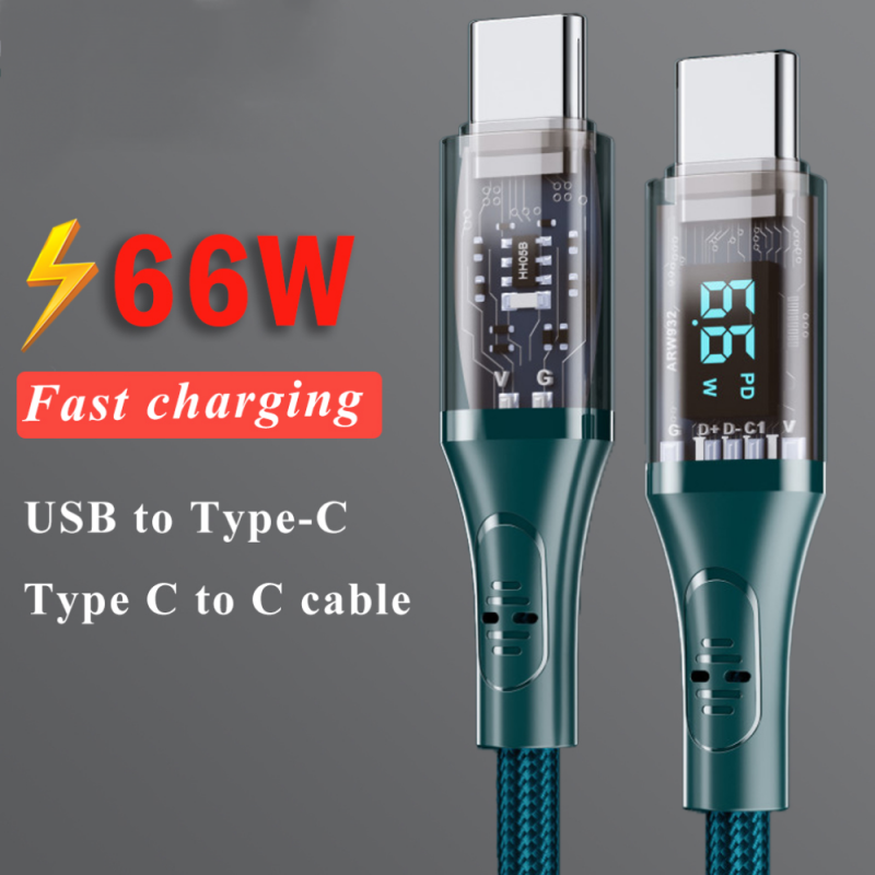 Cáp usb c đến loại usb c 66w màn hình led kỹ thuật số cáp di động sạc điện thoại 6a pd dây sạc nhanh cho xiaomi samsung