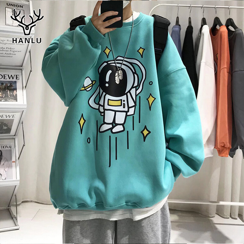 Hanlu áo len cổ tròn phi hành gia áo khoác rộng thương hiệu xu hướng hồng kông cho nam áo nhung ngoại cỡ in hình phi hành gia