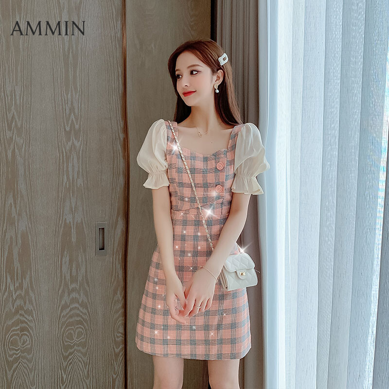 AMMIN Váy Kẻ Sọc Tay Loe Mới Dành Cho Nữ, Váy Ngắn Tay Đính Kim Sa Thêu Váy Chữ A Dáng Ôm Thời Trang Cho Nữ