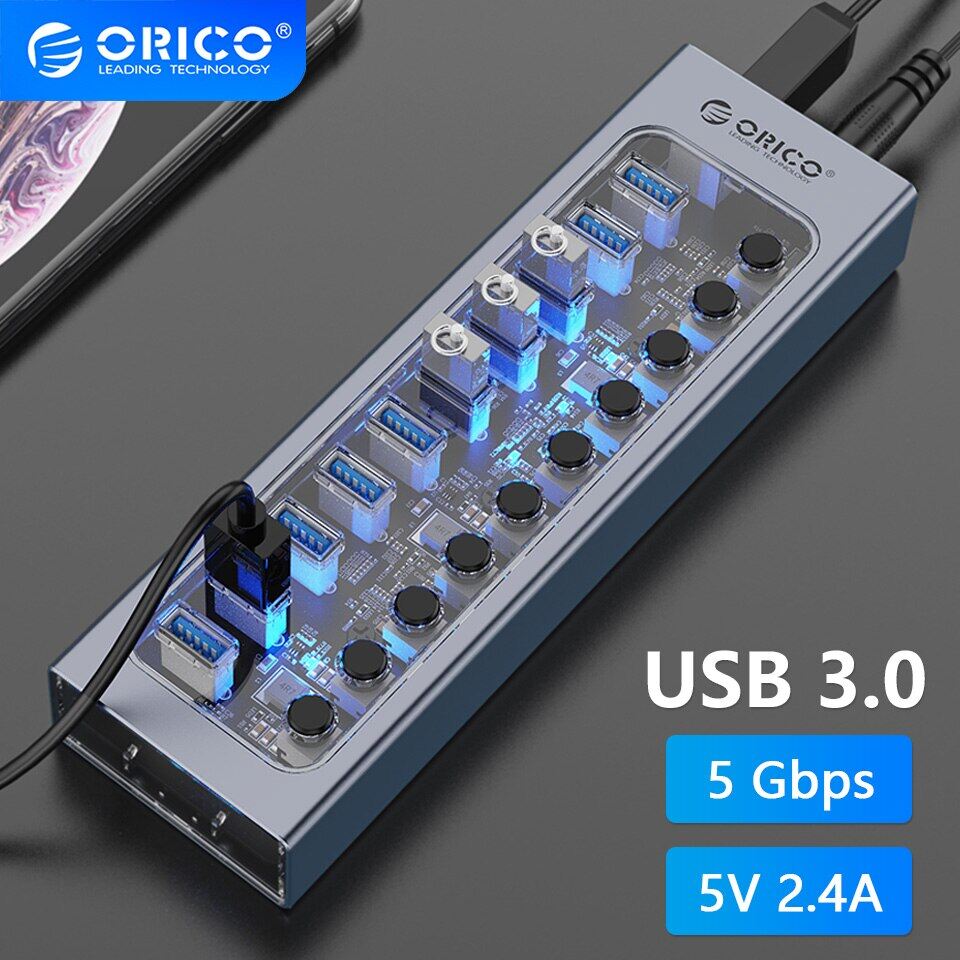 ORICO minh bạch công nghiệp 7/10 cổng USB 3.0 HUB nhiều Expander bộ chia ổ cắm on/off công tắc phím bấm Dock sạc USB cung cấp Bộ chuyển đổi điện