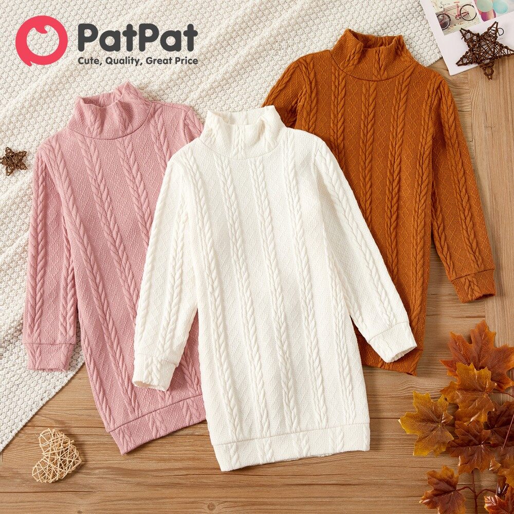 PatPat Kid Girl Dress Solid Color Cable Knit Textured Mock neck Sweater
