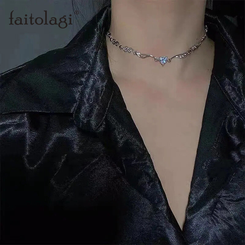 Goth vòng cổ mặt dây chuyền pha lê trái tim kim cương giả cho nữ vòng cổ dây chuyền sóng kim loại vòng cổ dây chuyền xương đòn quà tặng trang sức cho nữ