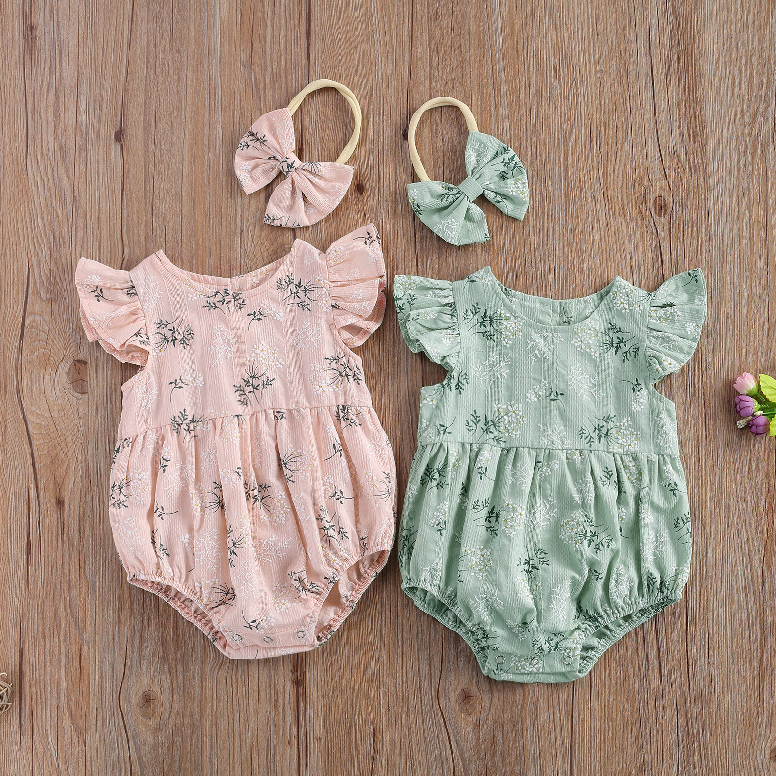 Bộ áo liền quần in hoa cho bé kèm băng đô cổ tròn cotton áo liền quần tay bay + băng đô cho bé gái sơ sinh áo liền quần bé gái