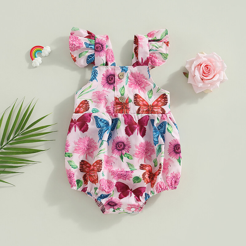 Trẻ sơ sinh cô gái Playsuit Rompers bay tay áo in họa tiết hoa bướm quần