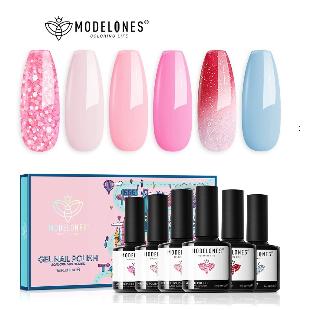 Modelones Gel Nail Polish Set 6 Pink Cherry Colors Gel Polish Kit Nude Pink Glitter Spring Summer Nail Polish Gel Red Color Changing Gel Nail Soak Off