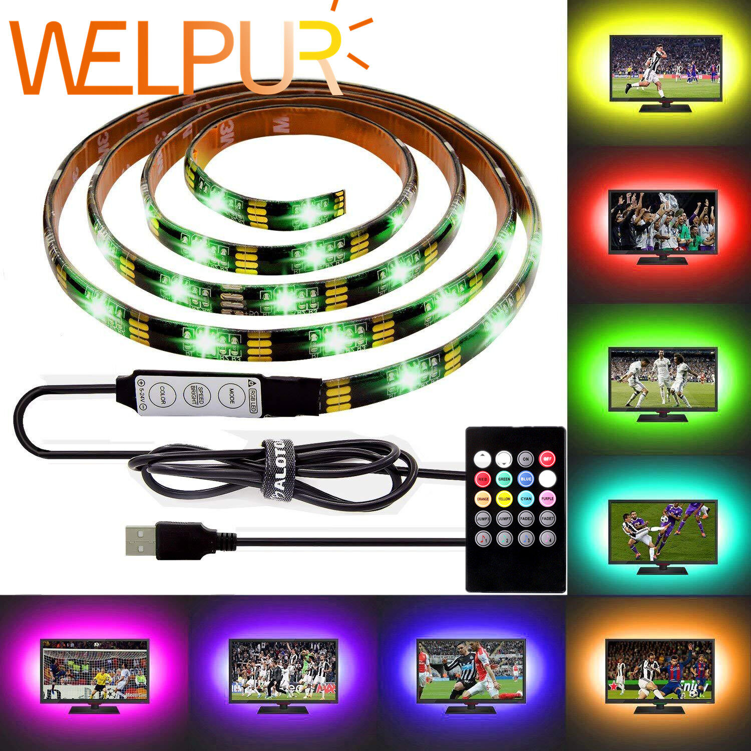 Dải Đèn LED RGB TV USB 5050 5V Dây PCB Màu Đen Dải Băng Điốt Với Bộ Điều Khiển Âm Thanh Nhạc Đèn Thần Tiên Trang Trí Đèn Nền HDTV TV Bộ Điều Khiển Từ Xa Phím 3/20/24