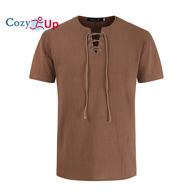 Cozy up áo thun ngắn tay áo thun nam dáng ôm cổ tròn buộc dây vải lanh thường ngày màu trơn