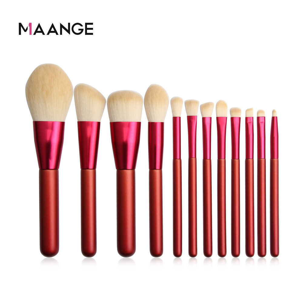 Bộ 12 cọ trang điểm MAANGE màu hồng ánh kim và màu đỏ dùng tán phấn má hồng/mắt/nền - INTL