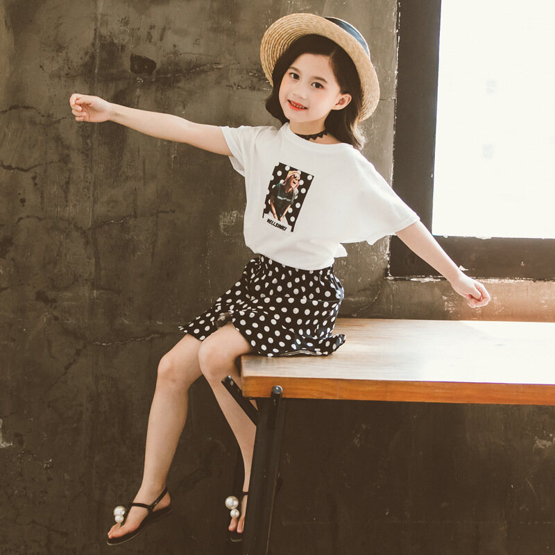 Dots Girls Short Sleeve T-Shirt Skirt Set Summer Girls Suit New Little Girl Polka Dot Skirt Two-piece Fashion Children's Clothing - 2