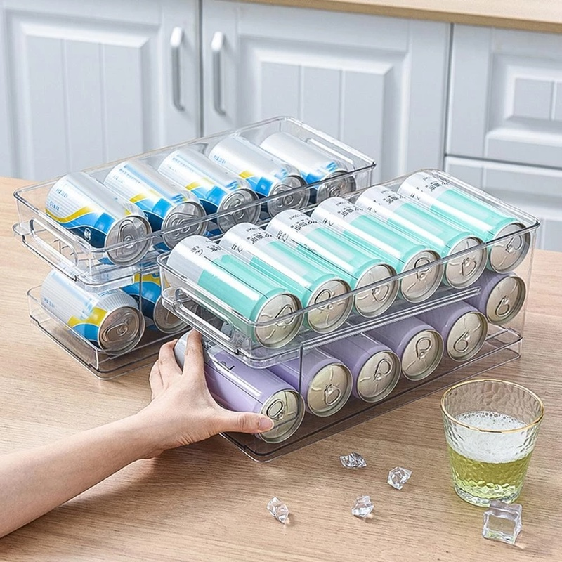 Homeharbor giá đựng lon nước giải khát tủ lạnh nhà bếp hộp đựng bia cola kệ hoàn thiện tự lăn hai lớp màu trơn 5ah0235