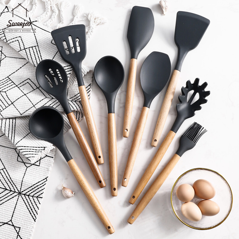 Sweetjar Dụng Cụ Vét Bột Cán Bằng Gỗ Silicone Chịu Nhiệt Nấu Ăn Không Dính Muông Ăn Sup Colander Cọ Vẽ Sơn Dầu Mì Muỗng Dụng Cụ Nhà Bếp Gia Đình 1 Cái