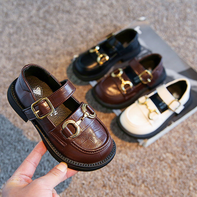 Trendy All Match Girls Shoes Metal Buckle Kids Leather Shoes Solid Color Anti-collision Flat Shoes 1-16 Years Old T22N02CC-10