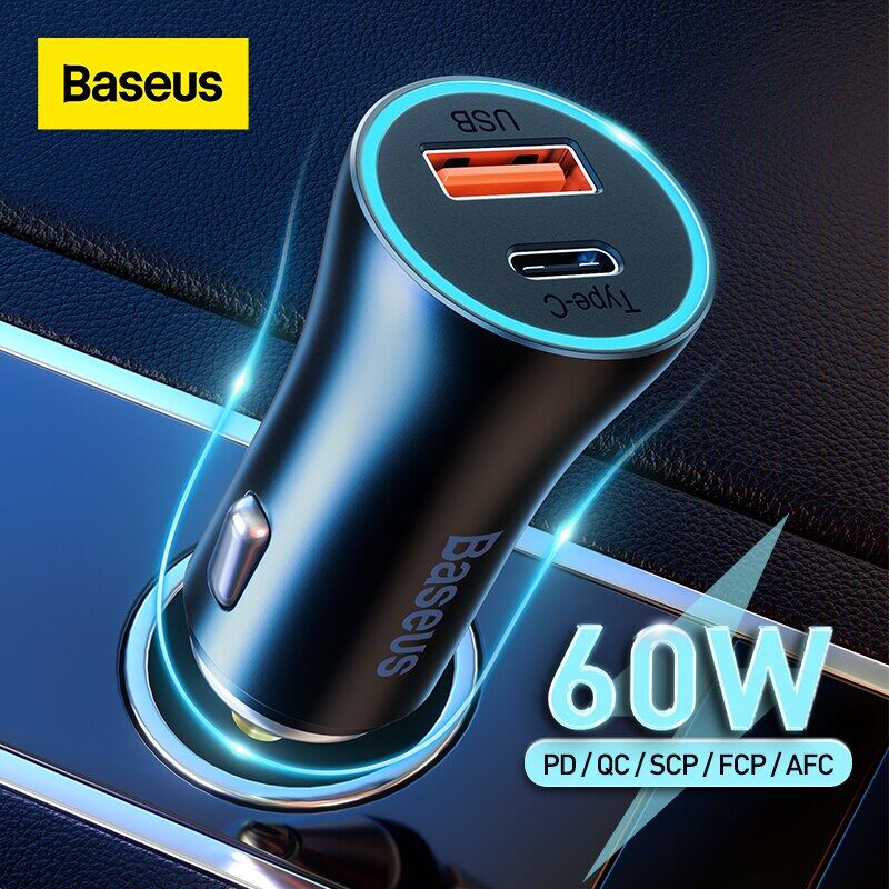  Baseus Tẩu sạc xe hơi Bộ sạc ô tô 60W Sạc nhanh USB kép 4.0 3.0 USB C Bộ sạc ô tô cho Xiaomi Sạc nhanh PD AFC SCP FCP cho iPhone 13 12 Huawei Samsung 