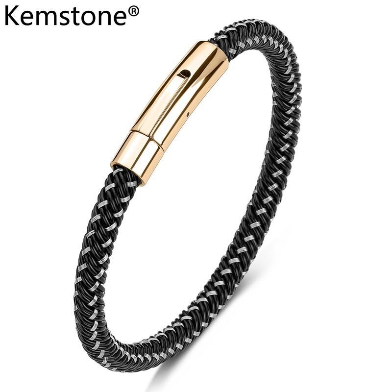 Kemstone Simple Stainless Steel Leather 20CM Magnetic Buckle Black Bangle