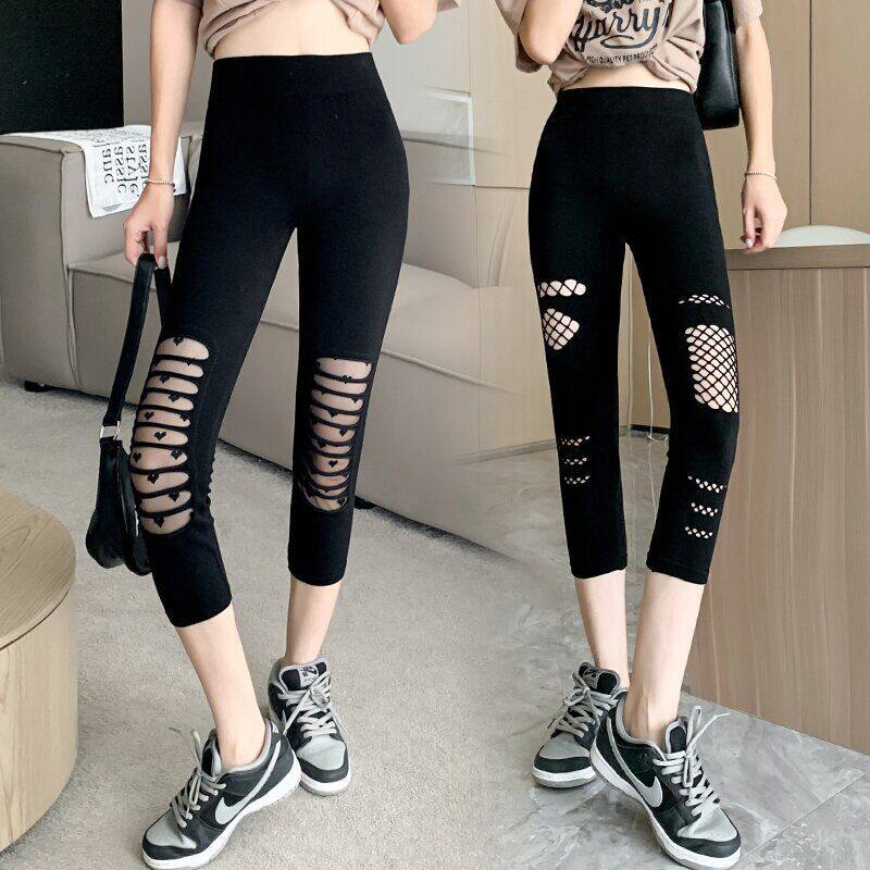 Quần Legging Nữ Mỏng Mùa Hè Rách Lưới Co Giãn Ôm Sát Quần Bó Quần Lửng Nữ Đồ Mặc Ngoài