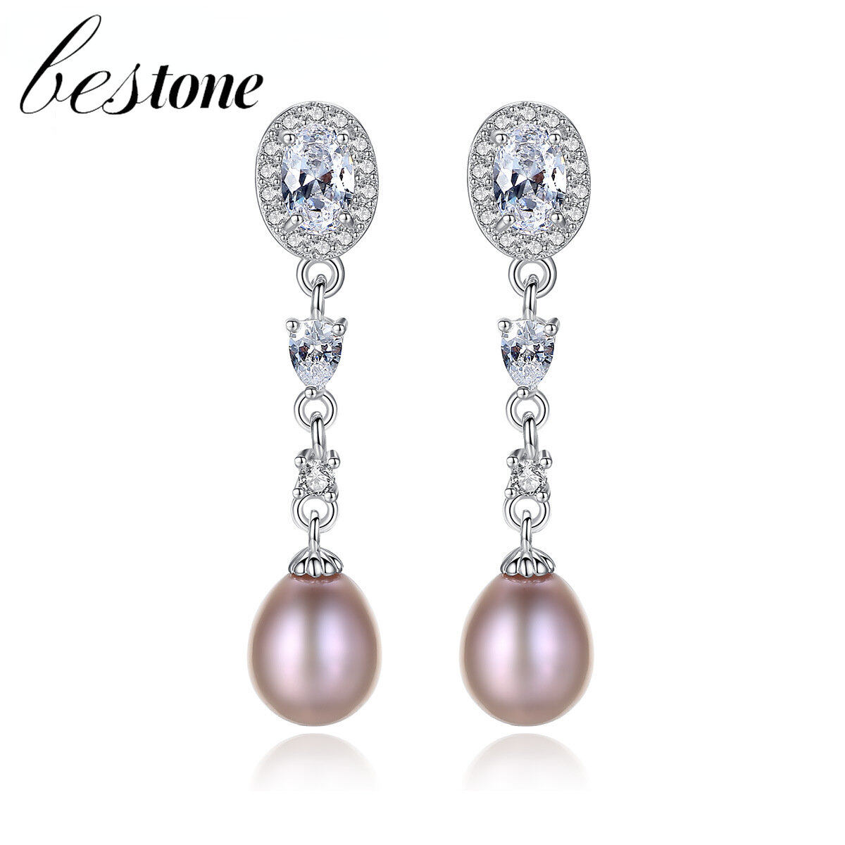 Bestone bông tai ngọc trai cổ điển màu tím bông tai thanh lịch bạc s925 bông tai dài ngọc trai nước ngọt